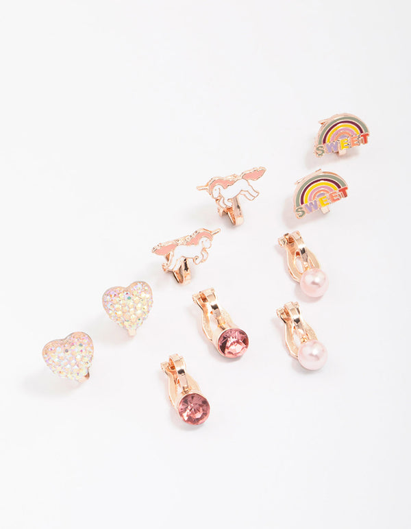 Kids Rose Gold Unicorn Clip On Earring 5-Pack