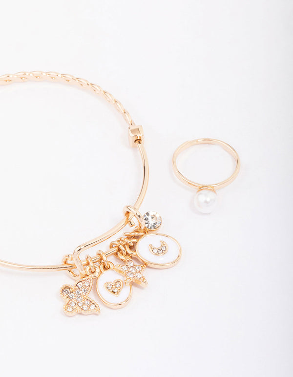 Kids Rose Gold Twisted Charm Bracelet Ring Jewellery Set Lovisa