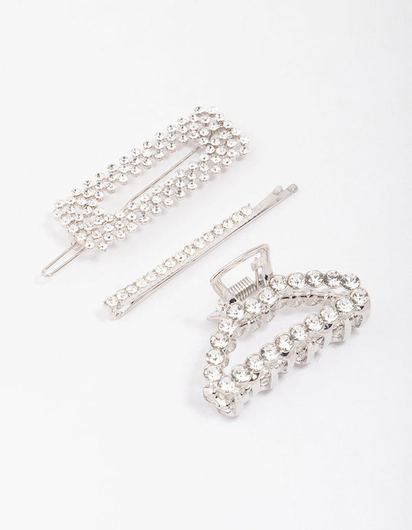 Silver Mixed Diamante Hair Claw Clip 3-Pack