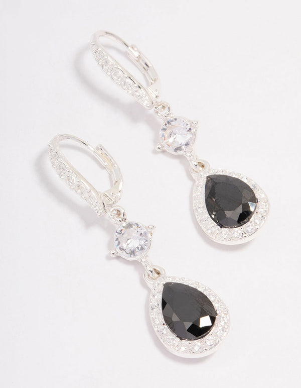 Rhodium Cubic Zirconia Black Pear Huggie Hoop Earrings