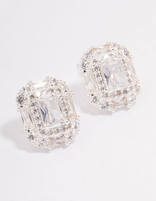 Silver Multi Cubic Zirconia Square Stone Stud Earrings