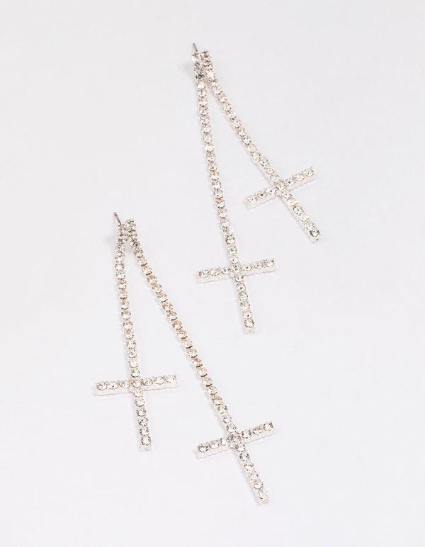 Silver Double Cross Cup Chain Drop Earrings