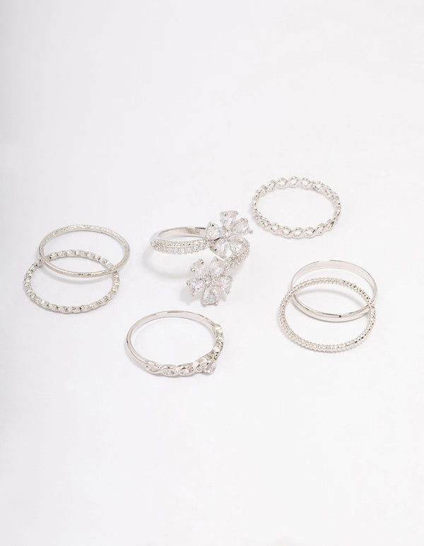 Silver Cubic Zirconia Floral Ring 7-Pack