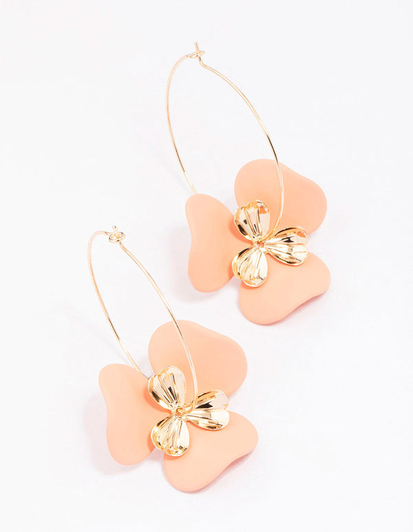 Gold Large Flower Wire Hoop Earrings