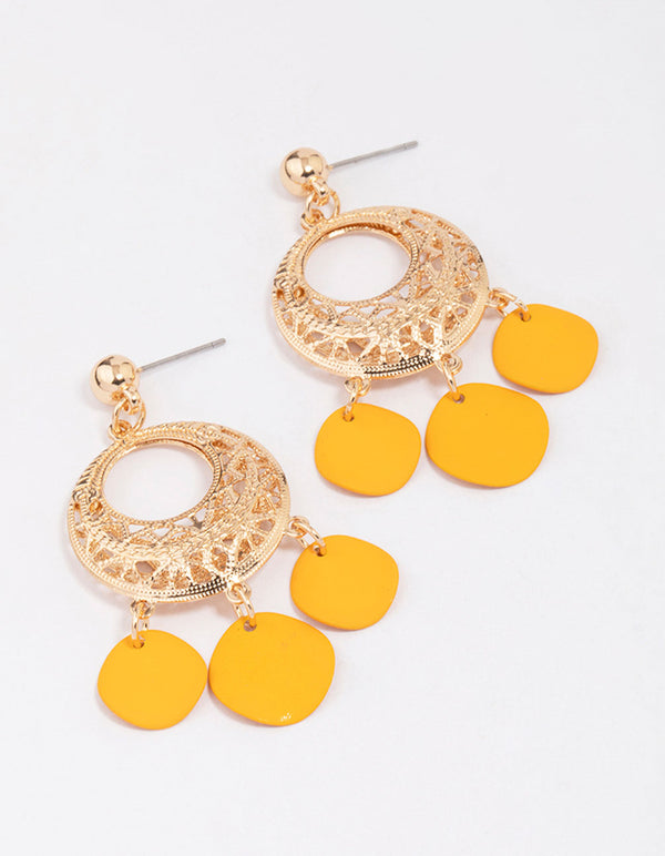 Gold Filigree Disc Drop Earrings