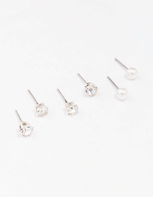 Silver Diamante & Pearl Stud Earring 3-Pack