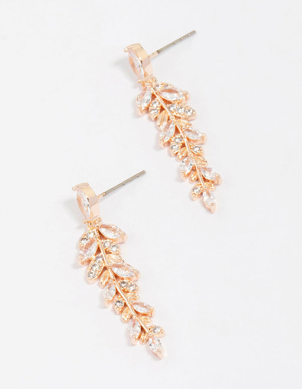 Rose Gold Plated Cubic Zirconia Dainty Leaf Drop Earrings