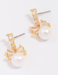 Gold Plated Cubic Zirconia Bow & Pearl Drop Earrings - link has visual effect only