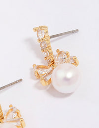 Gold Plated Cubic Zirconia Bow & Pearl Drop Earrings - link has visual effect only