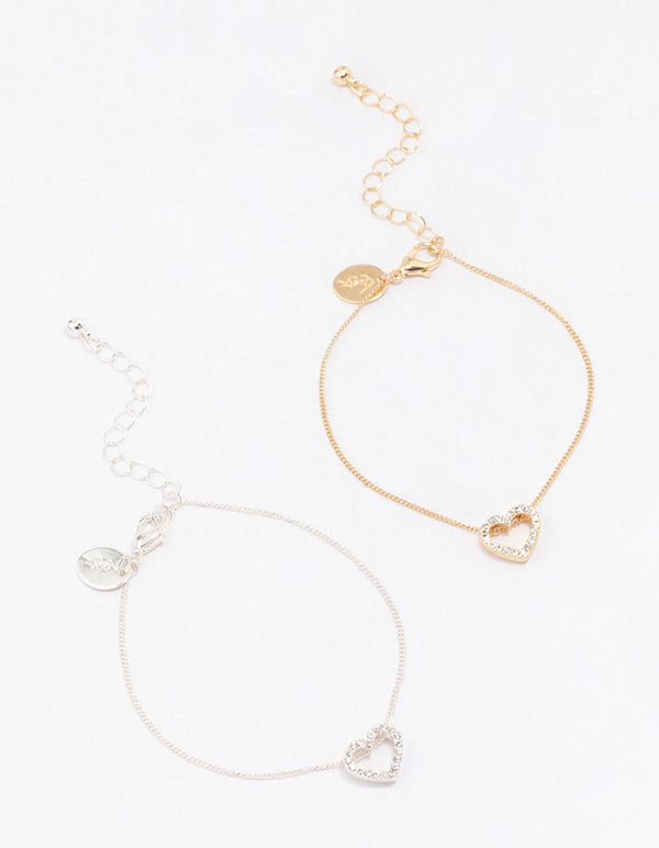 Gold & Silver Open Heart Diamante Bracelet Pack