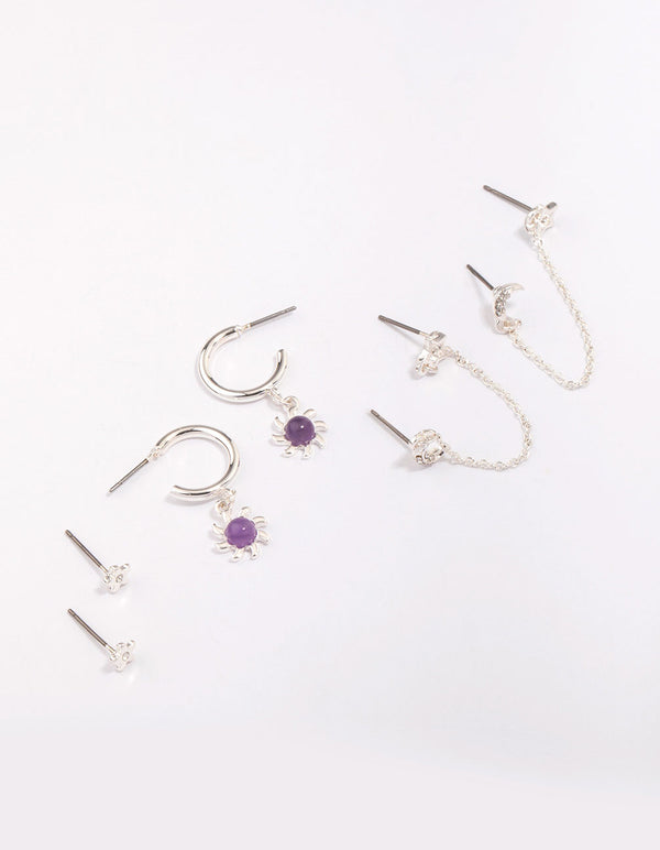 Silver Celestial Amethyst Chain Hoop Earring 4-Pack