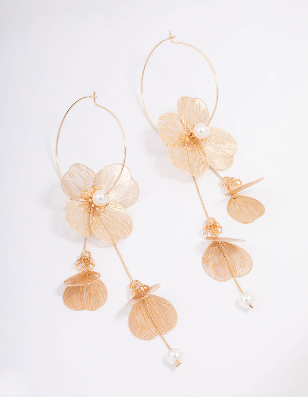 Gold Textured Petal Pearl Drop Earrings