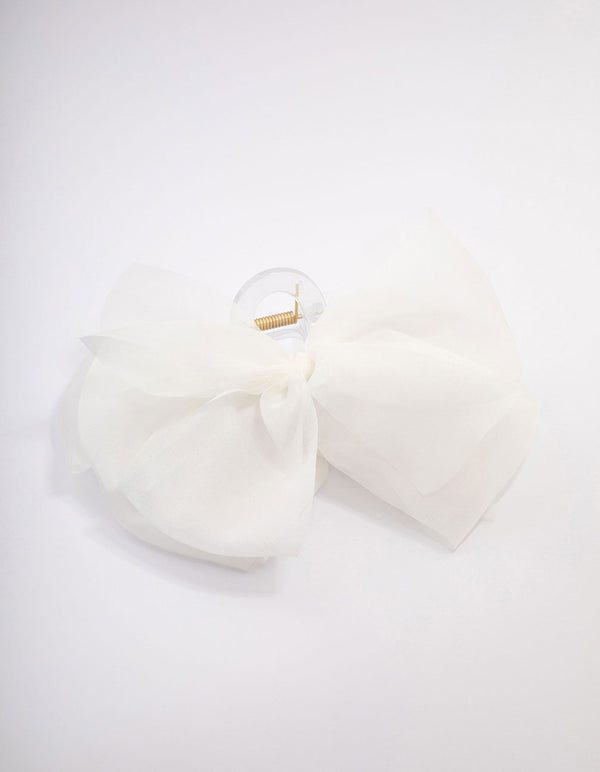 White Fabric Large Chiffon Bow Hair Claw Clip