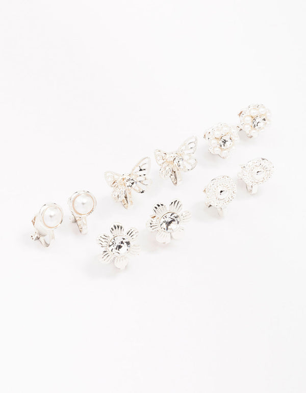 Silver Butterfly & Flower Clip On Earring 5-Pack