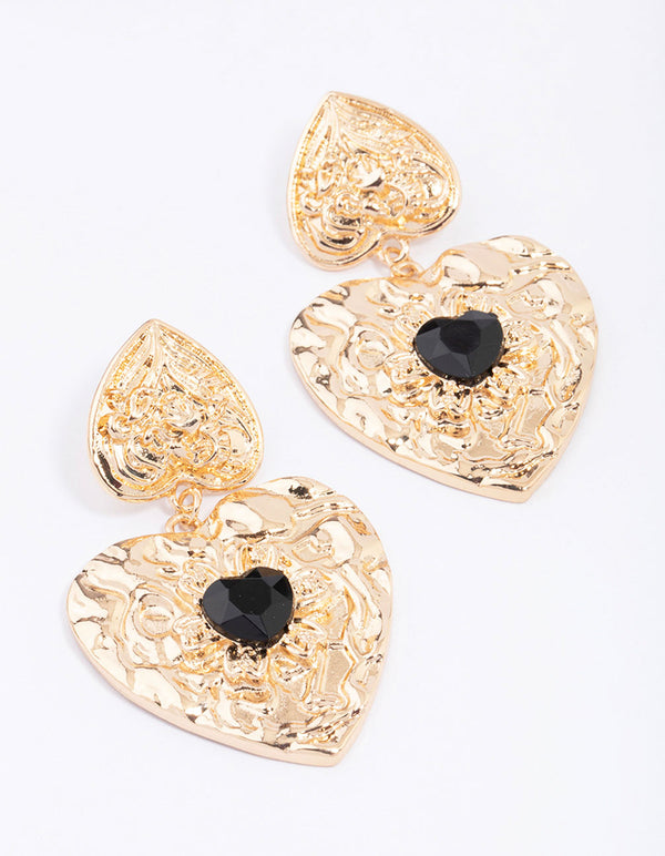 Gold Double Heart Stone Drop Earrings