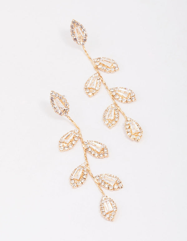 Gold Diamante Leaf Drop Earrings