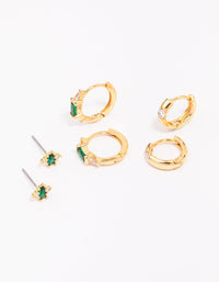 Gold Plated Emerald Boho Baguette Earring 3-Pack - link has visual effect only