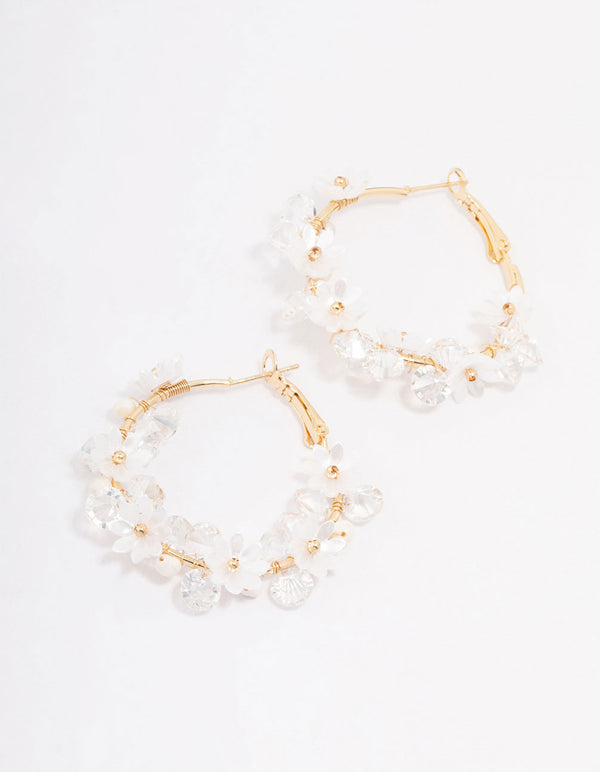 Gold Plated Freshwater Pearl Diamante Flower Hoop Earrings