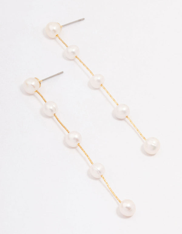 Gold Plated Freshwater Pearl Long Drop Earrings