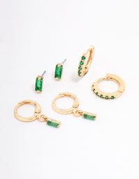 Gold Plated Baguette Emerald Stud & Hoop Earring 3-Pack - link has visual effect only