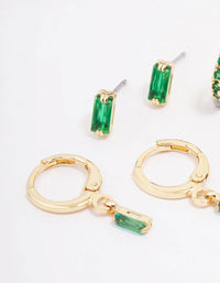 Gold Plated Baguette Emerald Stud & Hoop Earring 3-Pack - link has visual effect only