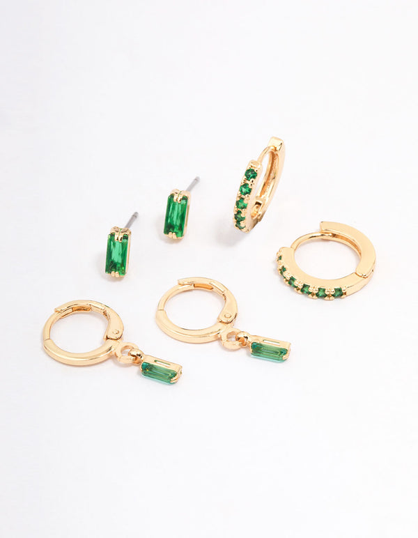 Gold Plated Baguette Emerald Stud & Hoop Earring 3-Pack