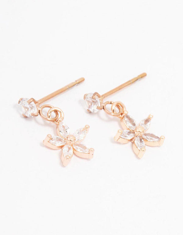 Rose Gold Plated Surgical Steel Cubic Zirconia Flower Drop Stud Earrings