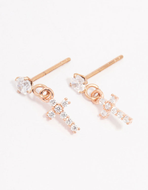 Rose Gold Plated Surgical Steel Cubic Zirconia Cross Stud Earrings