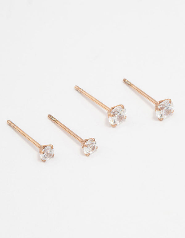 Rose Gold Plated Surgical Steel Graduating Cubic Zirconia Stud Earring Pack