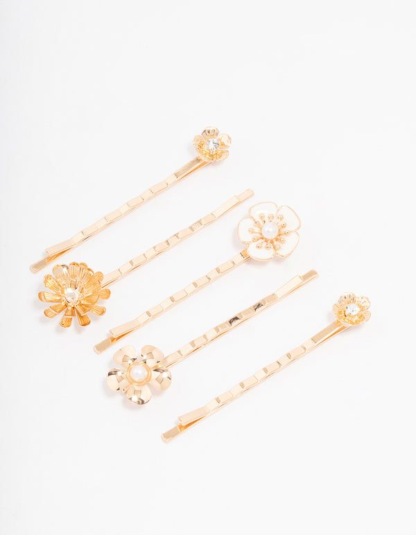 Gold Diamante Pearl Flower Hair Clip 5-Pack