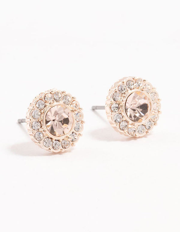 Halo Pink Bohemia Czech Crystal Rose Gold Stud Earrings