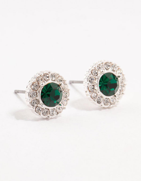 Silver Green Halo Bohemia Czech Crystal Stud Earrings