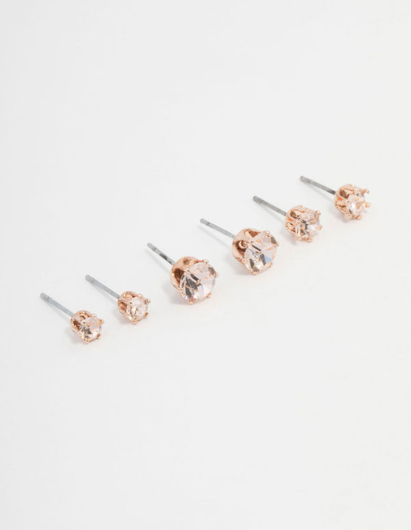 Rose Gold Hexagon Bohemia Czech Crystal Stud Earrings 3-Pack