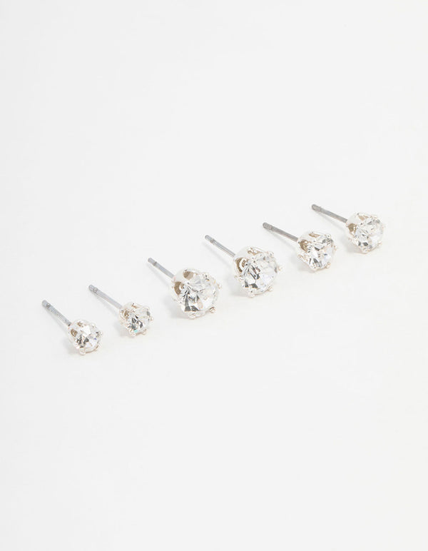 Silver Hexagon Bohemia Czech Crystal Stud Earrings 3-Pack