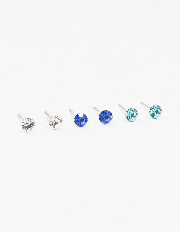 Blue & Silver Circular Bohemia Czech Crystal Stud Earrings 3-Pack