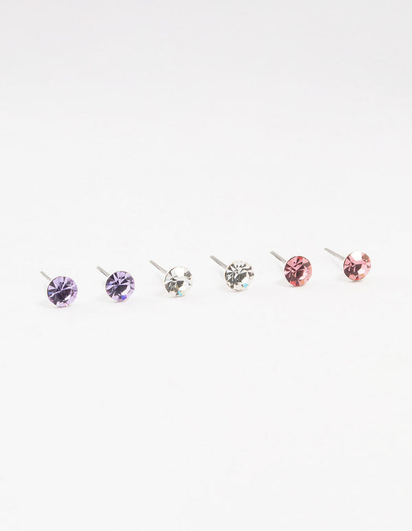 Circular Pink & Purple Bohemia Czech Crystal Stud Earrings 3-Pack