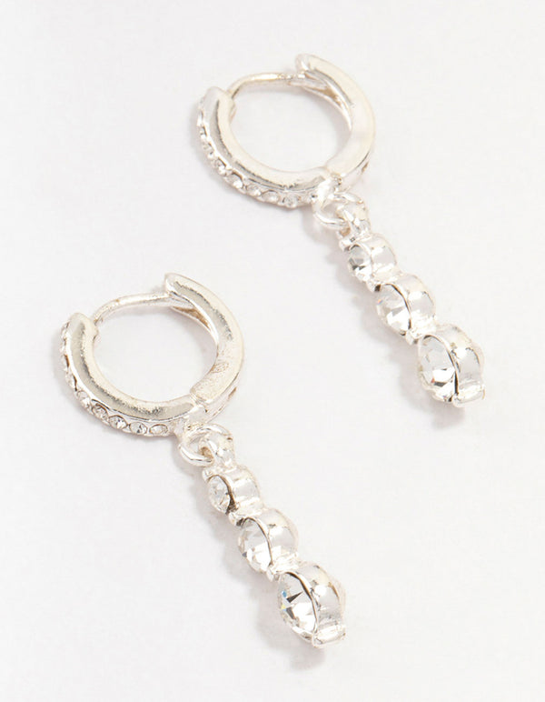 Silver Cascading Bohemia Czech Crystal Drop Huggie Earrings