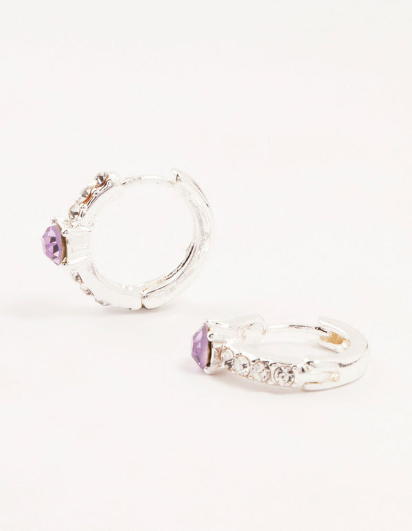 Silver Circular Purple Bohemia Czech Crystal  & Diamante Huggie Earrings