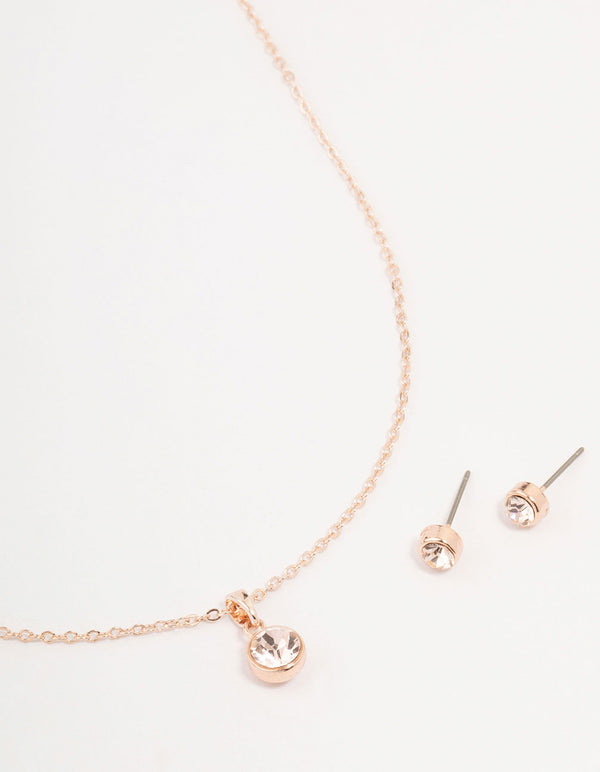 Rose Gold Bezel Bohemia Czech Crystal Necklace & Stud Earrings Set