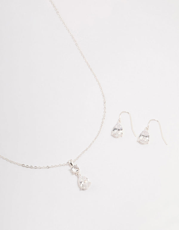 Silver Pear Czech Crystals Drop Necklace & Earring Set