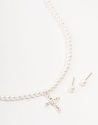 Silver Bohemia Czech Crystal Cross Necklace & Pearl Earrings Set - link has visual effect only