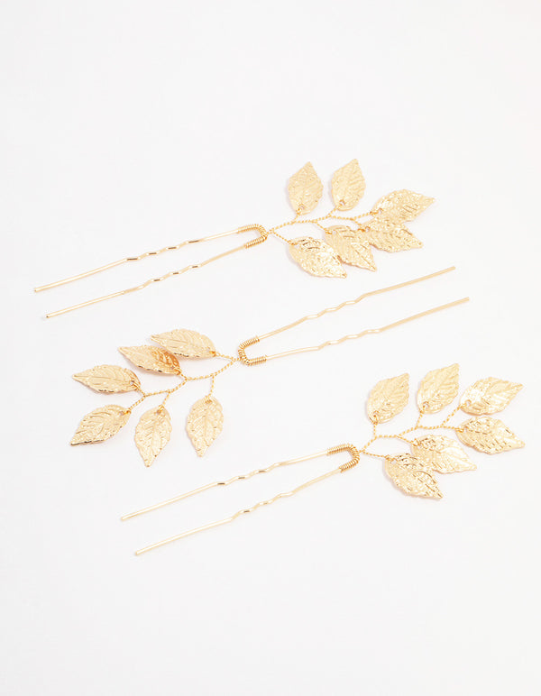 Gold Metal Leaf Hair Pin 3-Pack