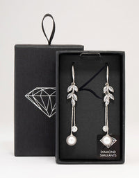 Rhodium Cubic Zirconia Leaf & Pearl Drop Earrings - link has visual effect only