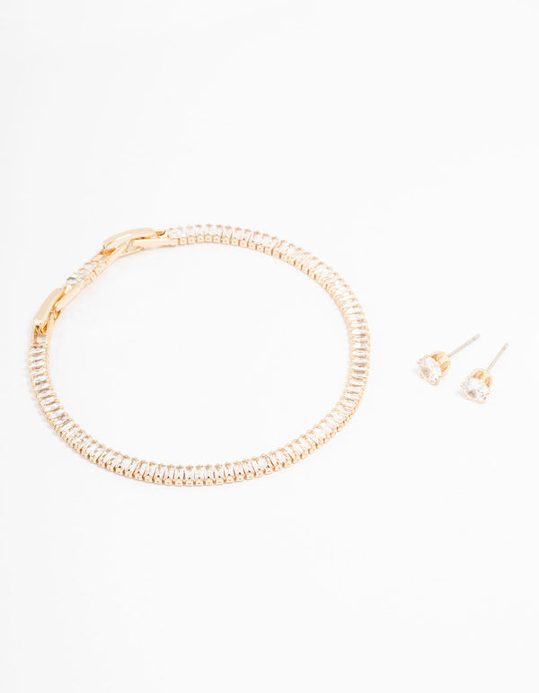 Gold Cubic Zirconia Baguette Tennis Bracelet & Earring Set