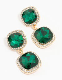 Gold Double Square Emerald Halo Drop Earrings - link has visual effect only