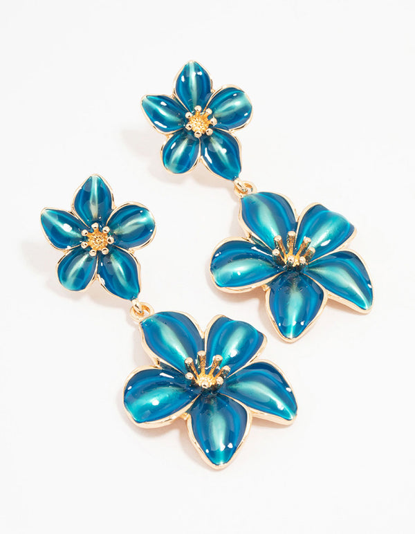 Gold Double Blue Flower Drop Earrings