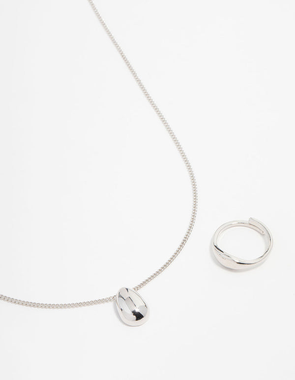 Rhodium Smooth Stone Necklace & Ring Set