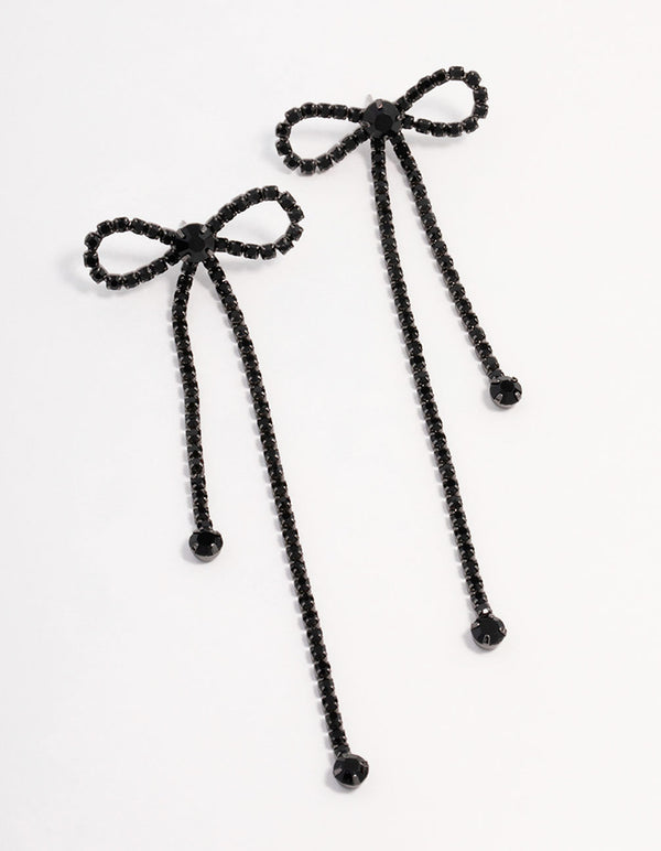 Jet Black Diamante Bow Drop Earrings