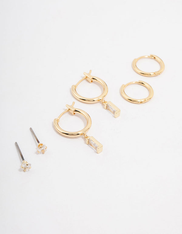 Gold Plated Cubic Zirconia Baguette Hoop Earring 3-Pack