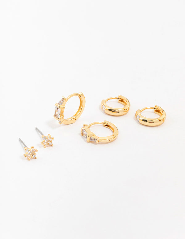 Gold Plated Boho Baguette Earring 3-Pack